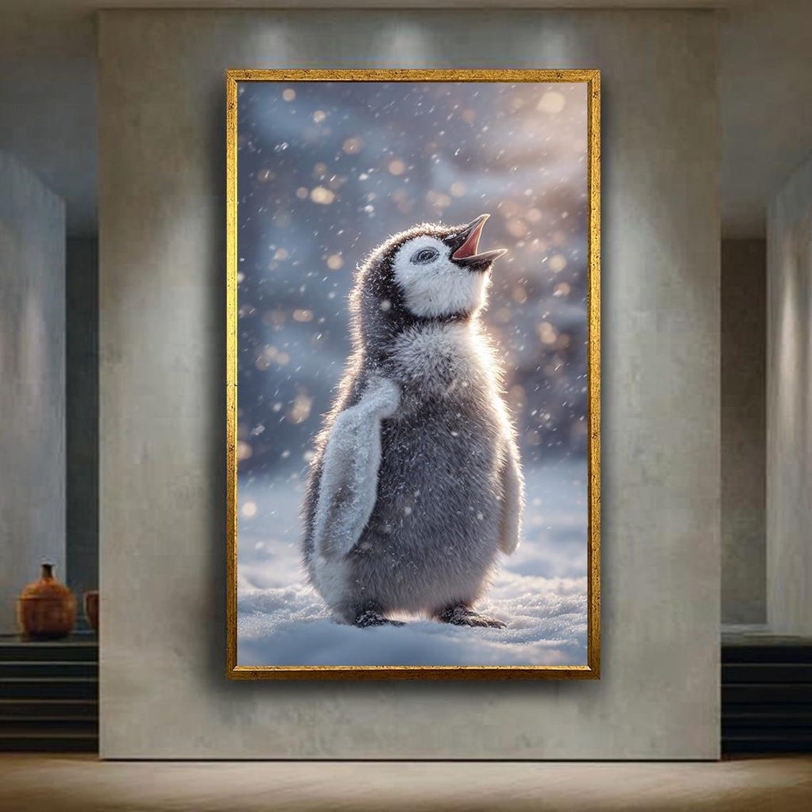 Baby Penguin Chick in Falling Snow Looking Up Winter Wonderland Poster