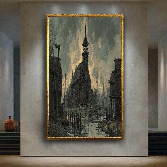 Dark Gothic Church Wall Art Print Eerie Haunted Village Canvas Horror Spooky Landscape Painting For Decor