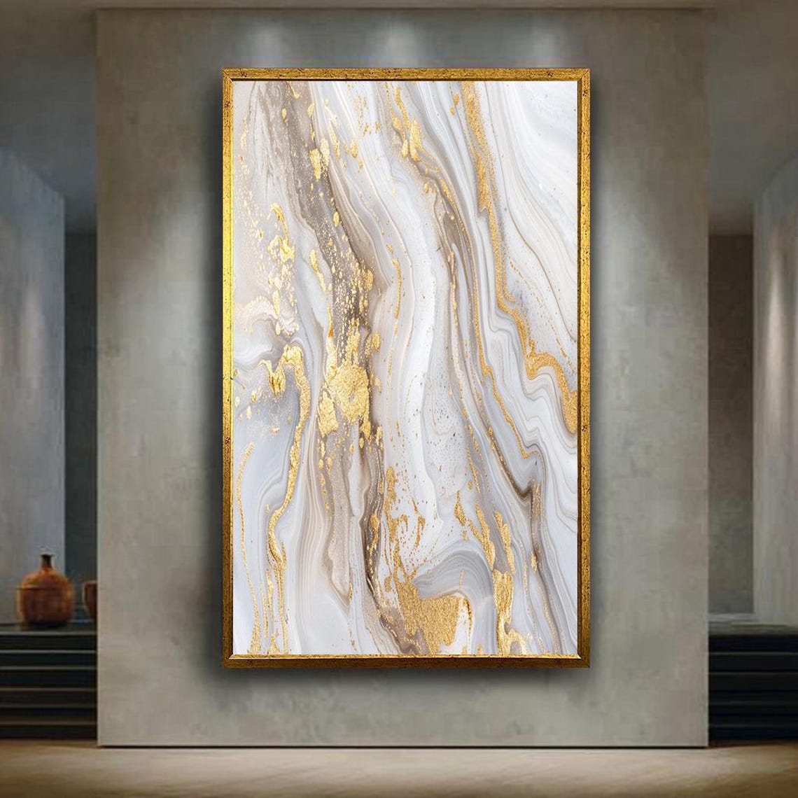 Abstract White Grey Gold Marble Fluid Modern Luxury Wall Art