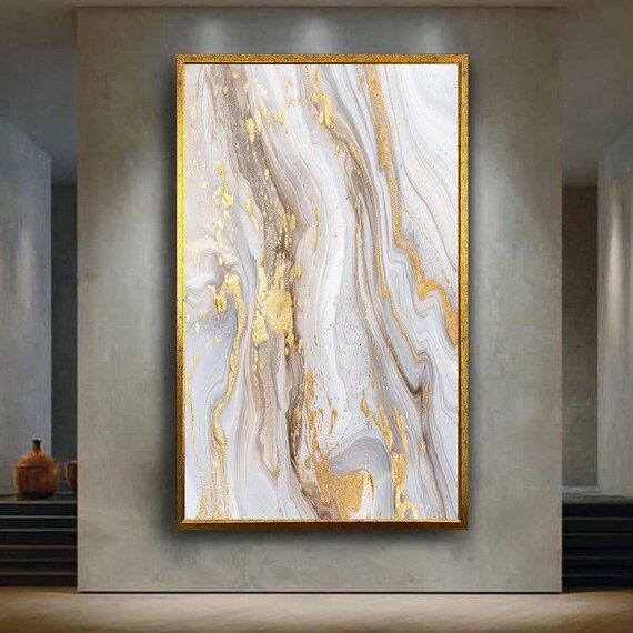Abstract Marble Effect Canvas Wall Art With White Grey And Gold Fluid Painting Modern Luxury Minimalist Home Decoration