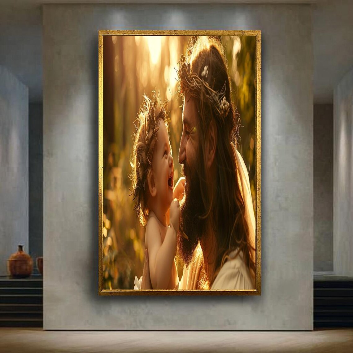 Jesus Christ Holding Baby Sunlit Forest Warm Faith Family Poster