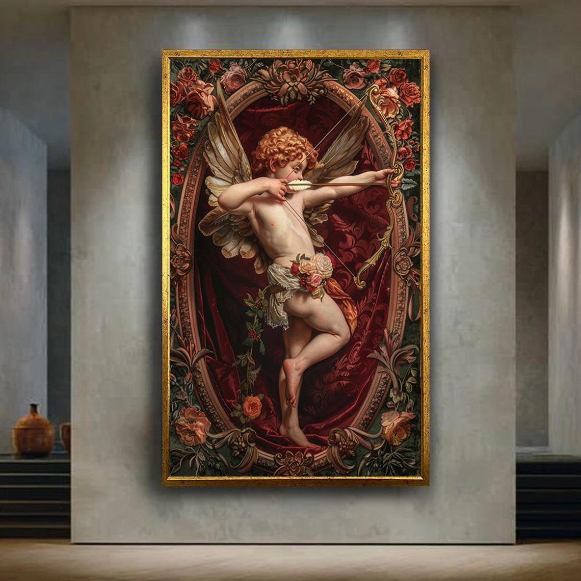 Baroque Cupid Drawing Bow Red Floral Renaissance Angel Poster