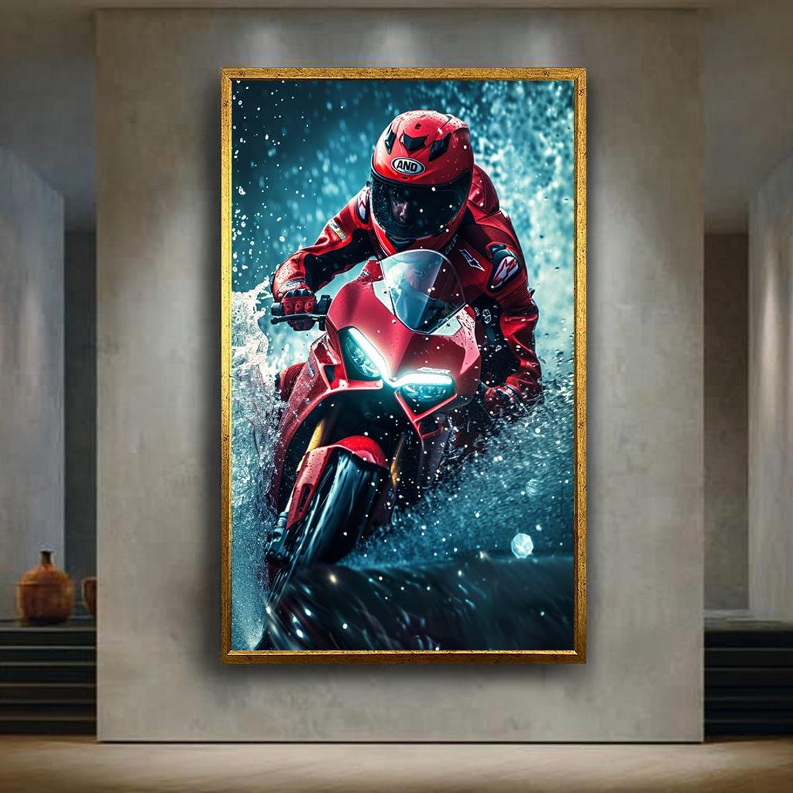 Red Sportbike Rider Racing Through Dramatic Blue Water Splash Poster