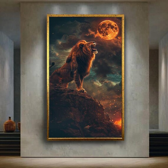 Roaring Lion Under Blood Moon Canvas Wall Art Majestic Wildlife Scene On Cliff Epic Animal Print For Bold Nature Inspired Home Decor