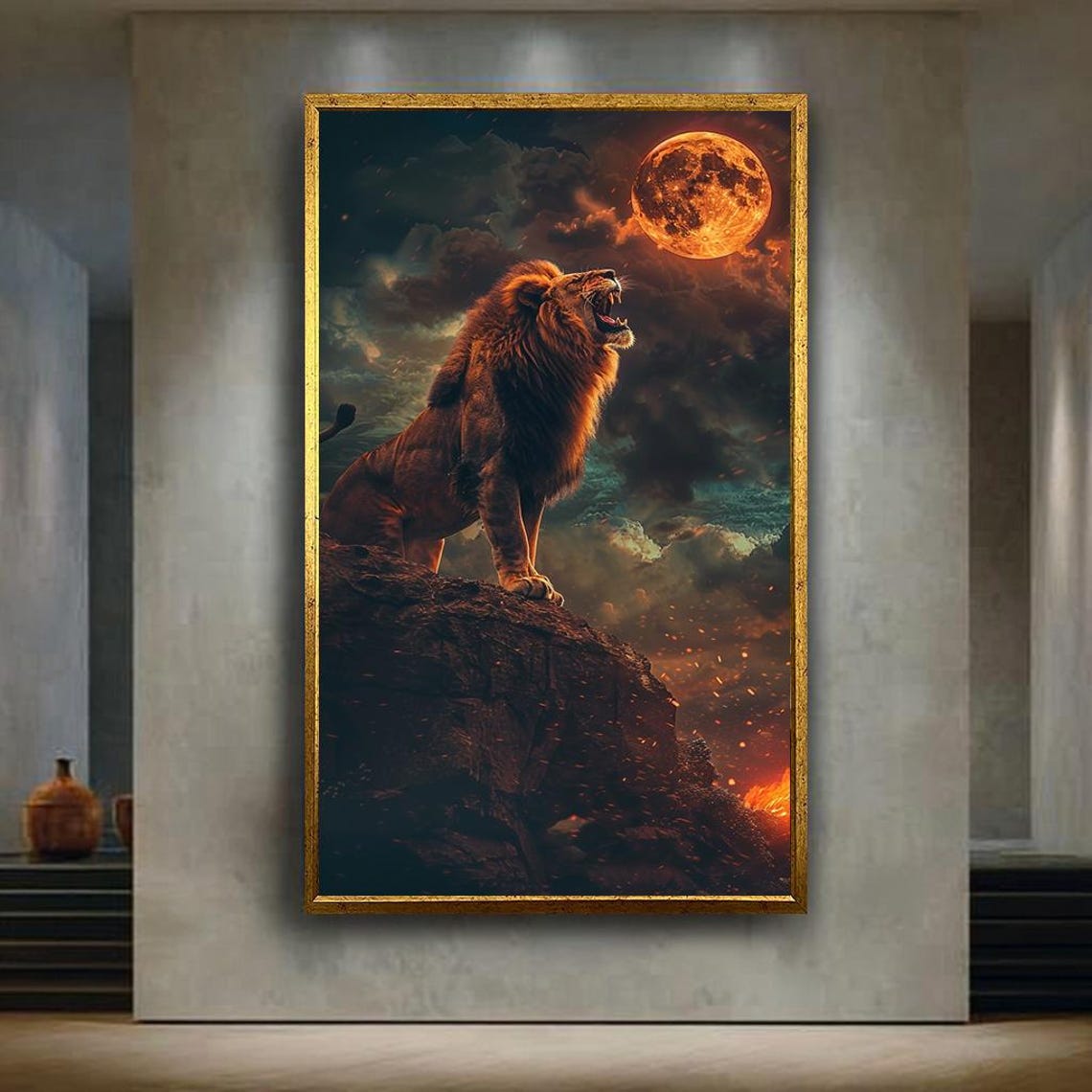 Roaring Lion On Cliff Under Blood Red Full Moon Epic Wildlife Poster