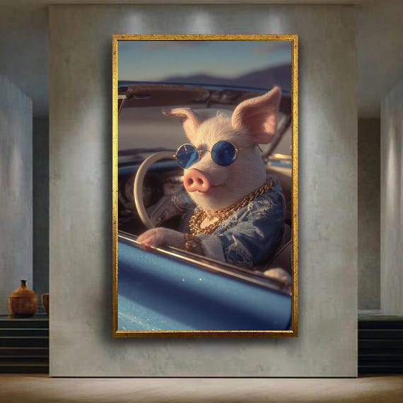 Funny Cool Pig Driving Car Wall Art Print Hip Hop Style Animal Canvas Retro Pop Poster Quirky Modern Home Decor