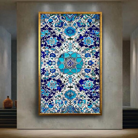 Ottoman Iznik Floral Tile Canvas Art Traditional Islamic Pattern Wall Decor Turkish Blue Ceramic Print For Prayer Room Or Home