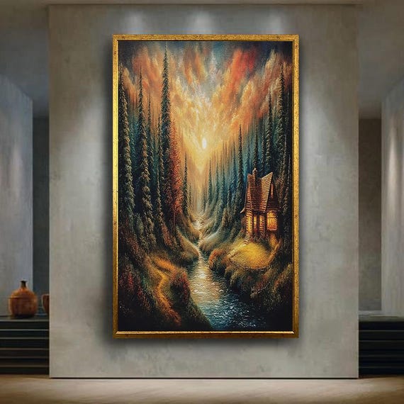 Cozy Forest Cabin Sunset Wall Art Fantasy Pine Tree River Landscape For Rustic Lodge Or Nature Inspired Home Decor