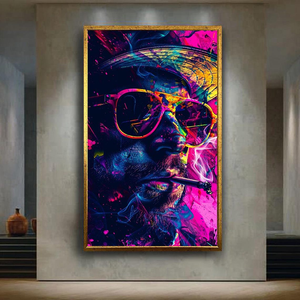 Neon Psychedelic Smoking Man Portrait Urban Street Art Poster