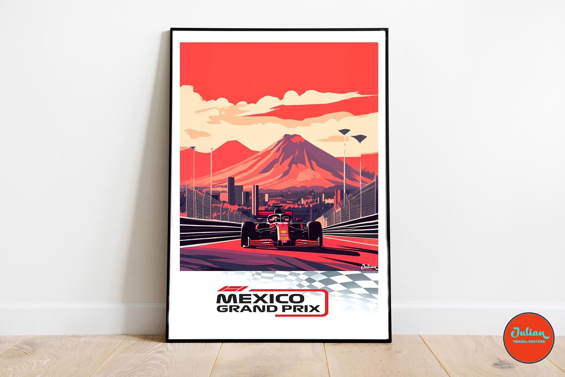 Mexico Grand Prix F1 Racing Under Red Volcano Sunset Sky Poster