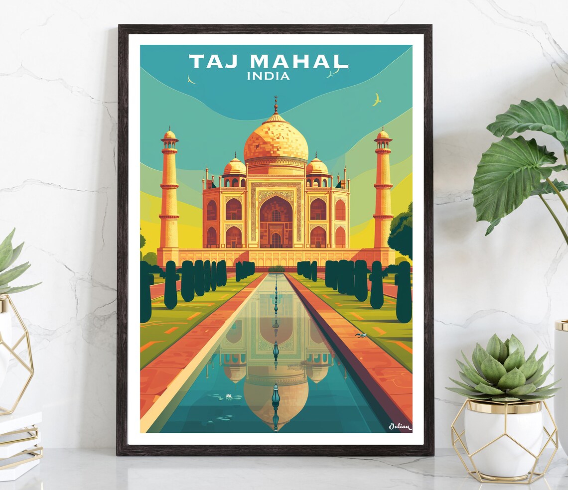 Taj Mahal India Golden Temple Reflection Pool Vintage Travel Poster