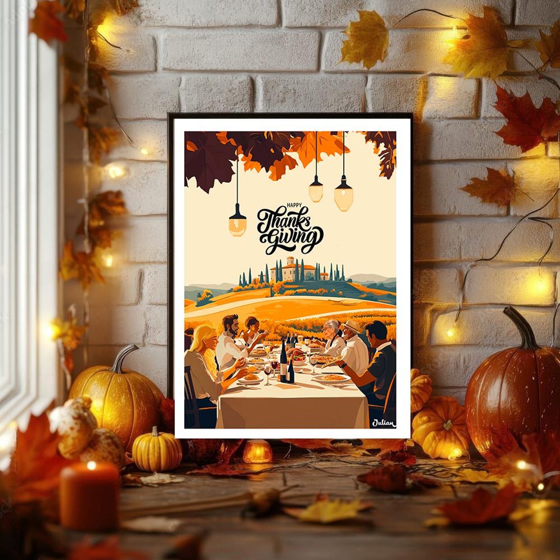 Happy Thanksgiving Tuscany Vineyard Outdoor Family Feast Poster - Image 2