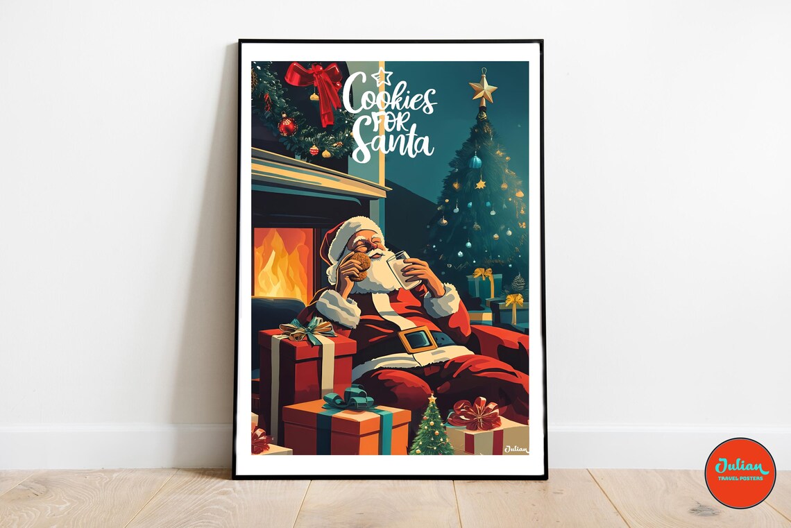 Cookies for Santa Enjoying Treats by a Cozy Fireplace Poster