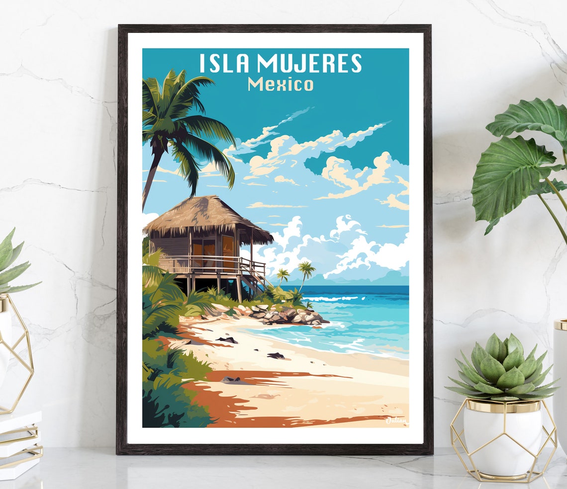 Isla Mujeres Mexico Beach Hut Palms Caribbean Shore Travel Poster