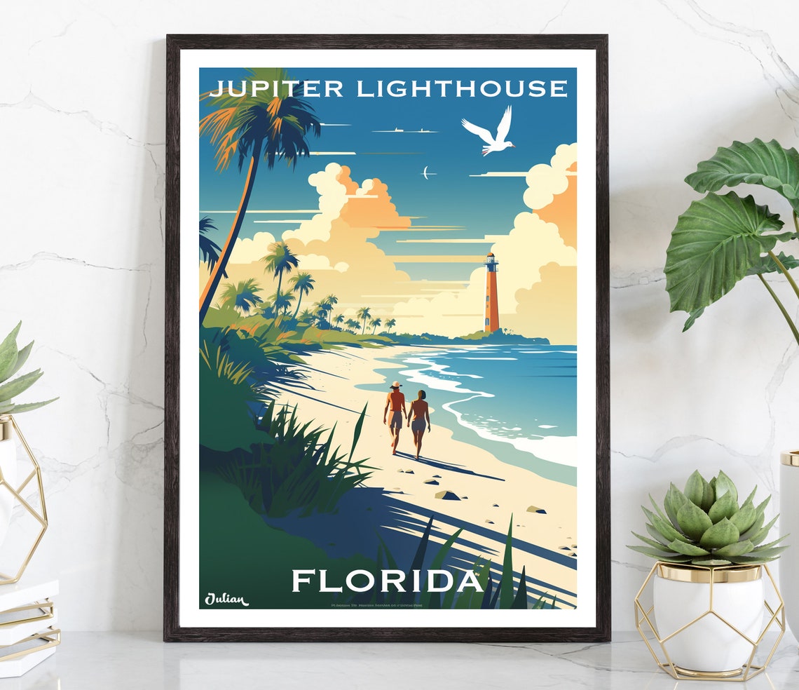 Jupiter Lighthouse Sunny Beach Walk Couple Florida Travel Poster