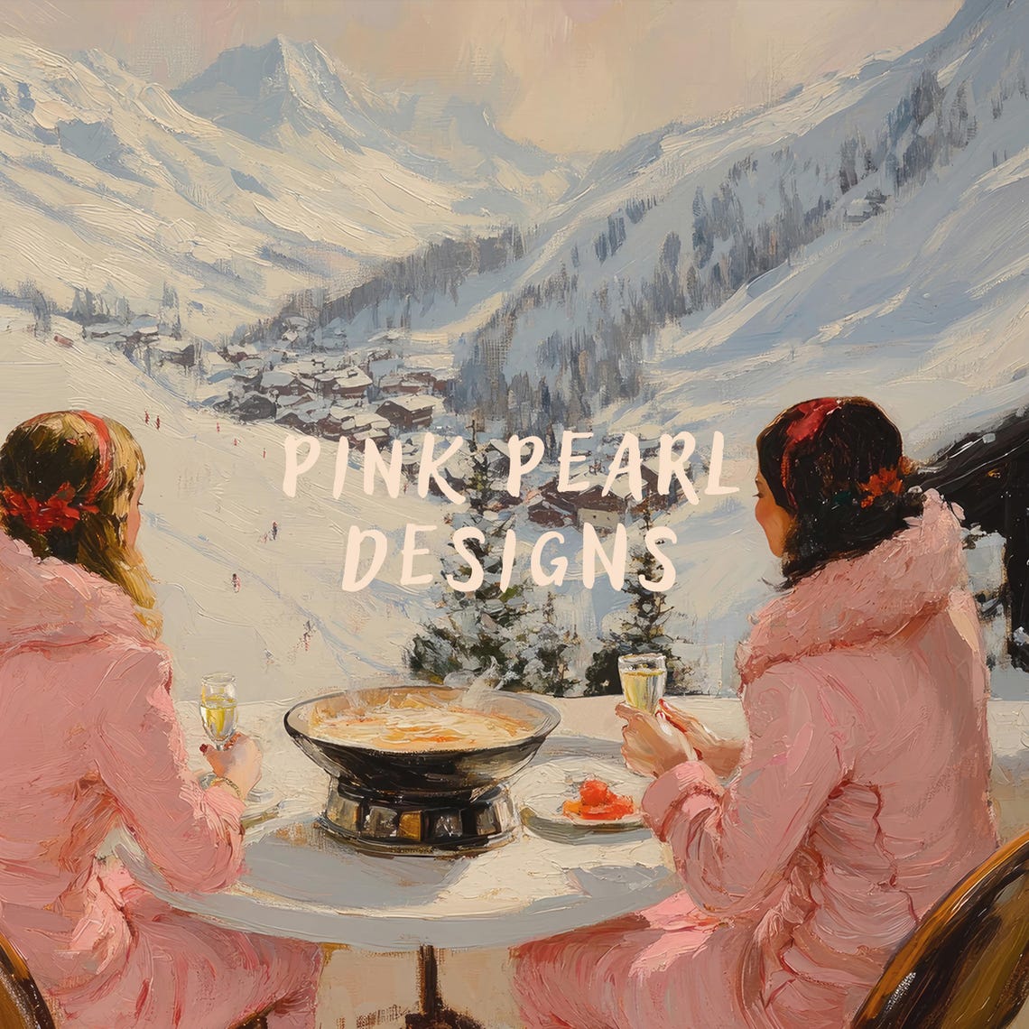 Two Friends Sharing Fondue Overlooking Alpine Valley Ski Poster - Image 2