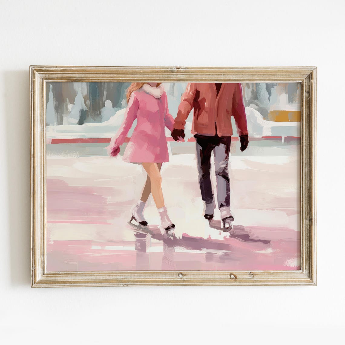 Sweet Pink Couple Ice Skating Holding Hands Winter Wall Art Print - Image 7