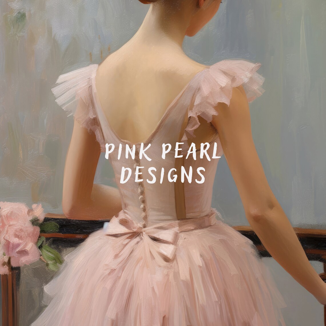 Ballerina in Blush Pink Ballet Dress With Back Bow by Window Painting Poster - Image 2