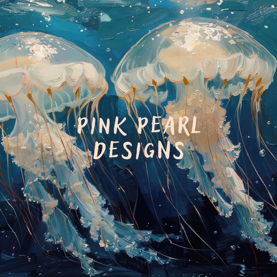 Two White Jellyfish Deep Blue Sea Underwater Oil Painting Art Print - Image 6