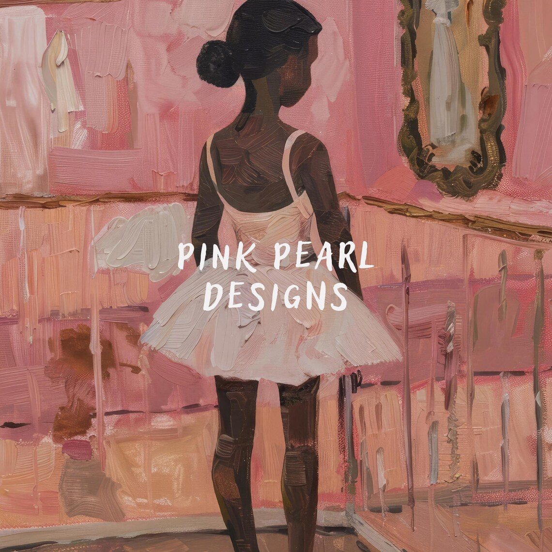 Little Black Ballerina in White Tutu Before Ornate Mirror Pink Studio Poster - Image 3