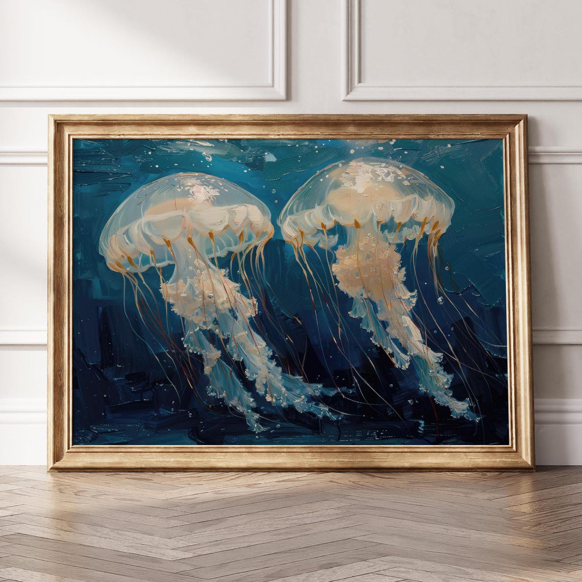 Two White Jellyfish Deep Blue Sea Underwater Oil Painting Art Print - Image 5