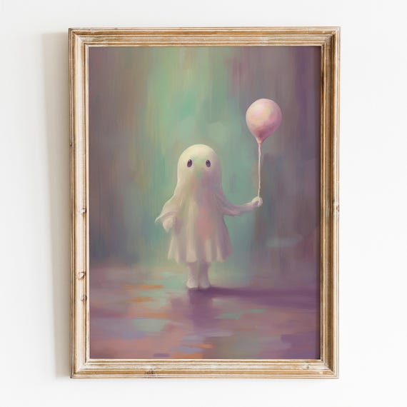 Cute Ghost With Balloon, Pastel Halloween Art Print