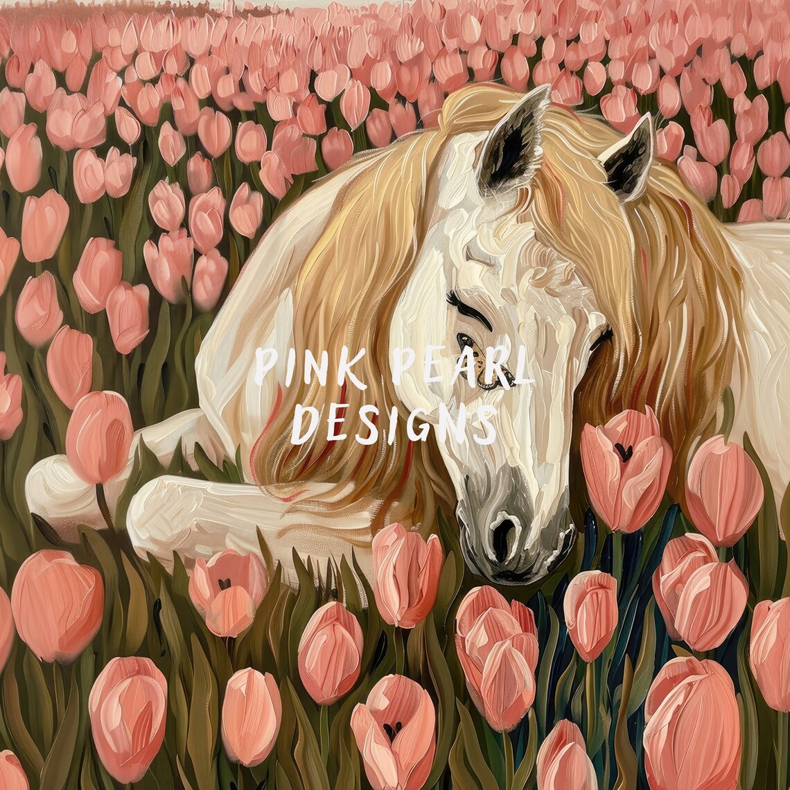 Cute Horse Among Pink Tulips, Trendy Spring Poster - Image 6