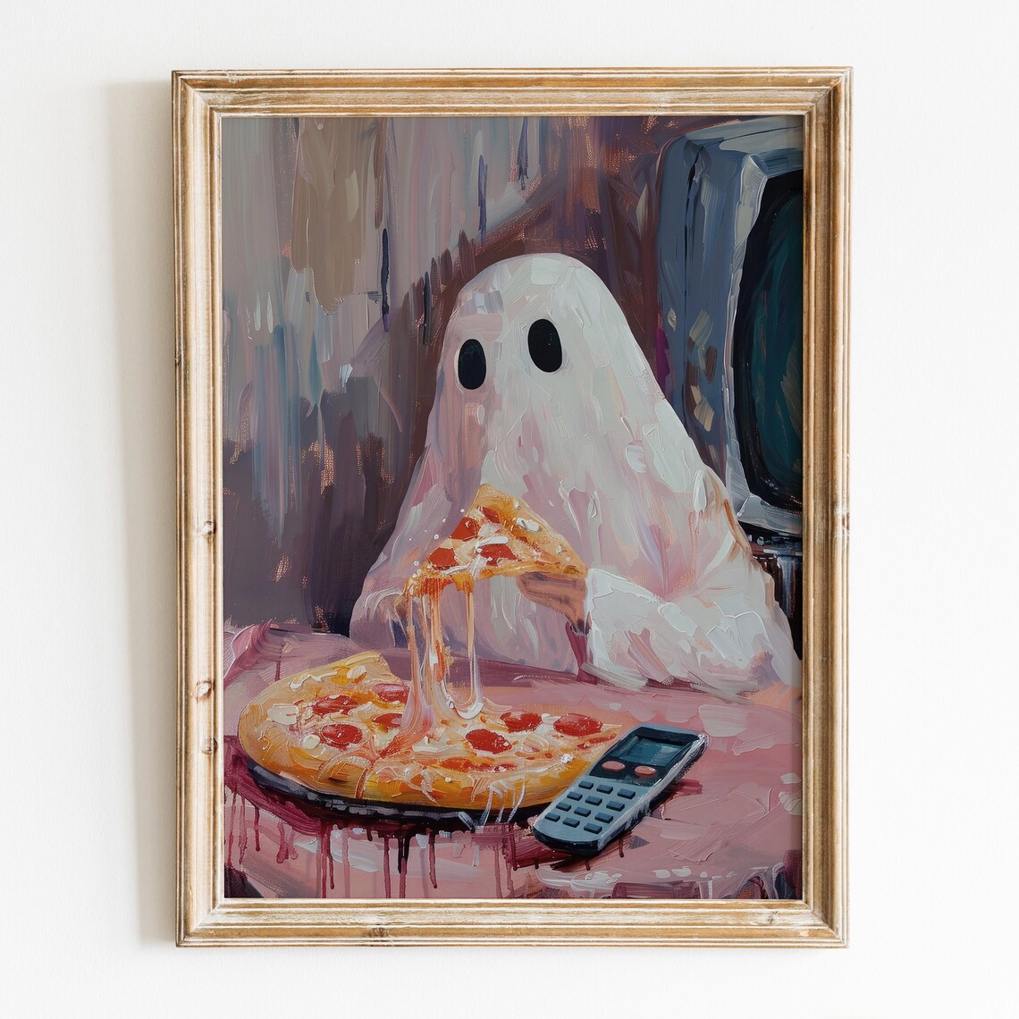 Ghost Eating Pepperoni Pizza Funny Halloween Movie Night Kitchen Wall Poster
