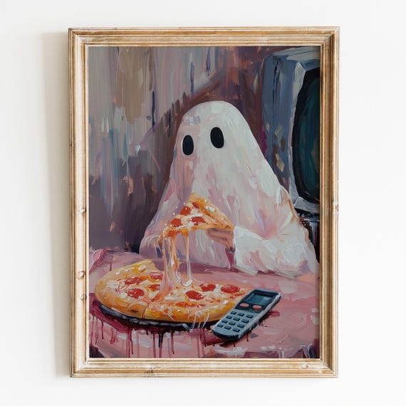 Cute Ghost Eating Pizza Halloween Wall Art Preppy Halloween Room Decor Spooky Kitchen Print Ghost Pizza Art