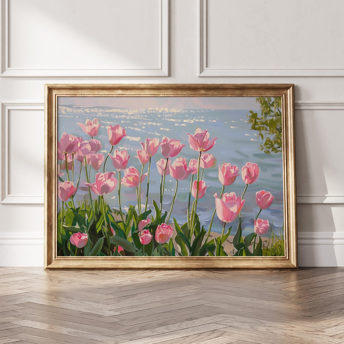 Pink Tulips Lake Landscape Spring Art Print - Image 5