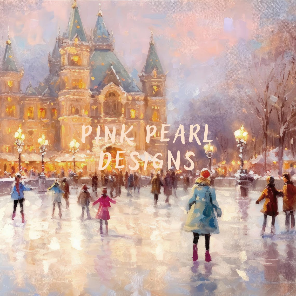 Vintage Ice Skating Rink Grand Building Dusk Christmas Wall Art Print - Image 2