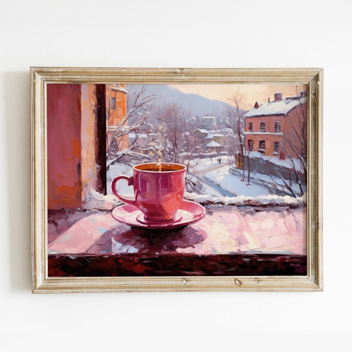 Pink Coffee Cup Snowy Window View Winter Village Morning Art Poster - Image 6