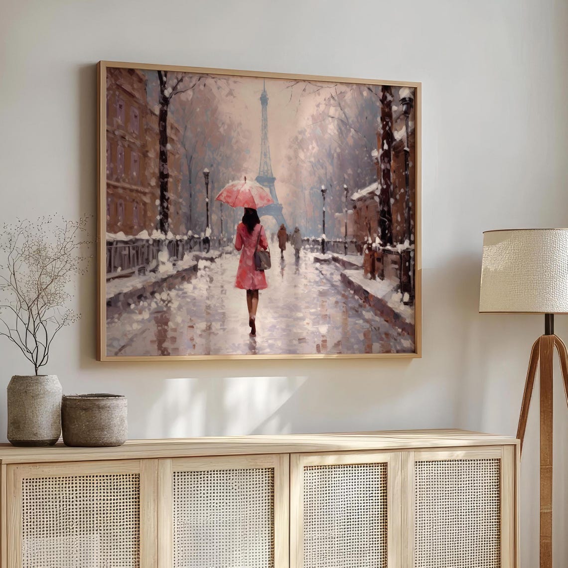 Paris Snowy Street Pink Umbrella Eiffel Tower Winter Walk Art Poster - Image 5