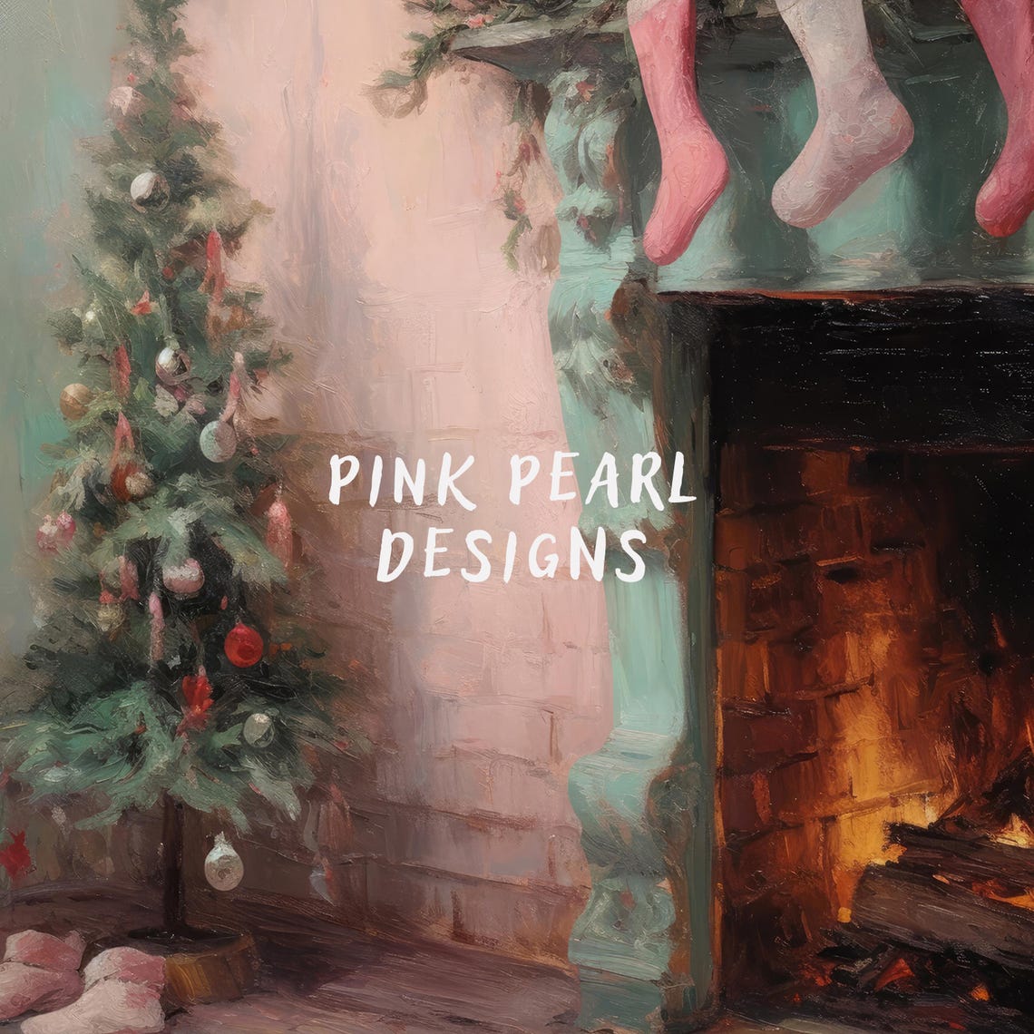 Moody Fireplace Pink Stockings Christmas Tree Holiday Poster - Image 2