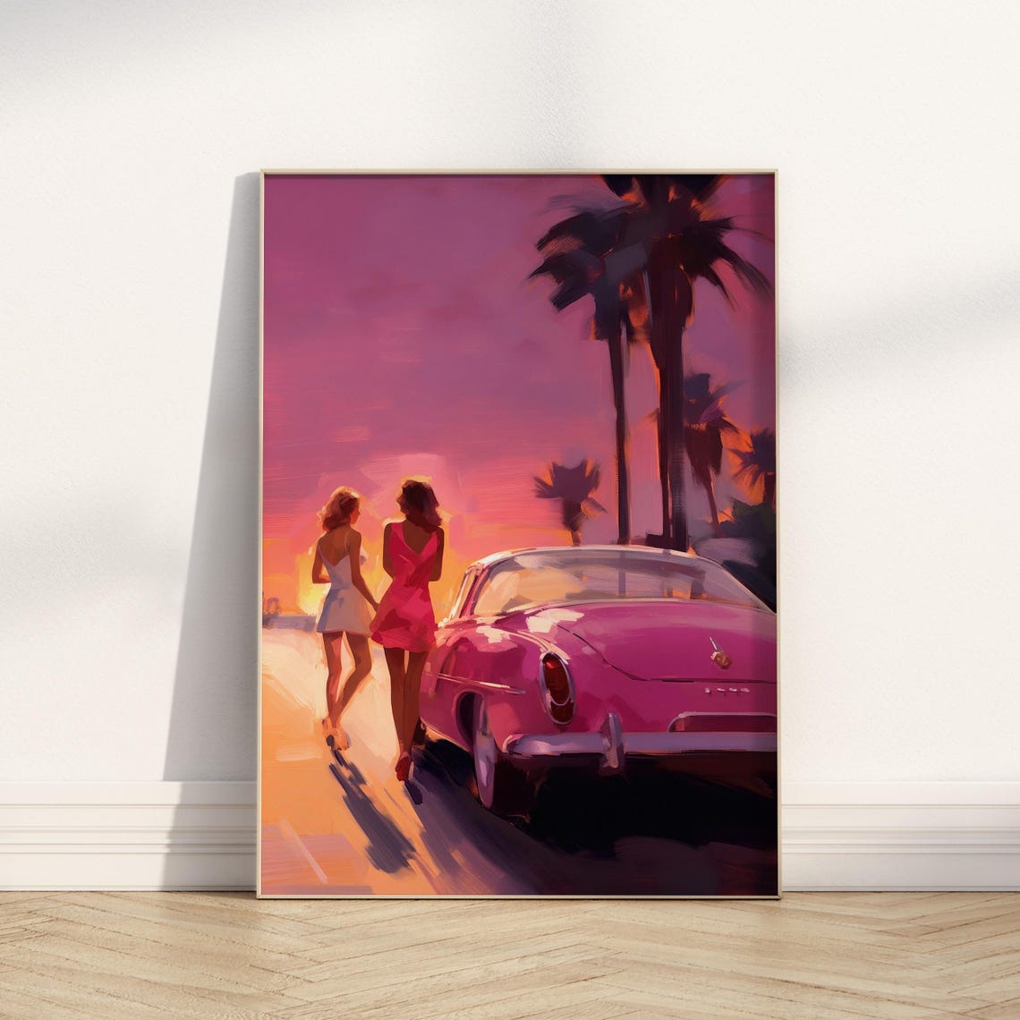 Palm Springs Sunset Magenta Pink Vintage Car Women Wall Art Print