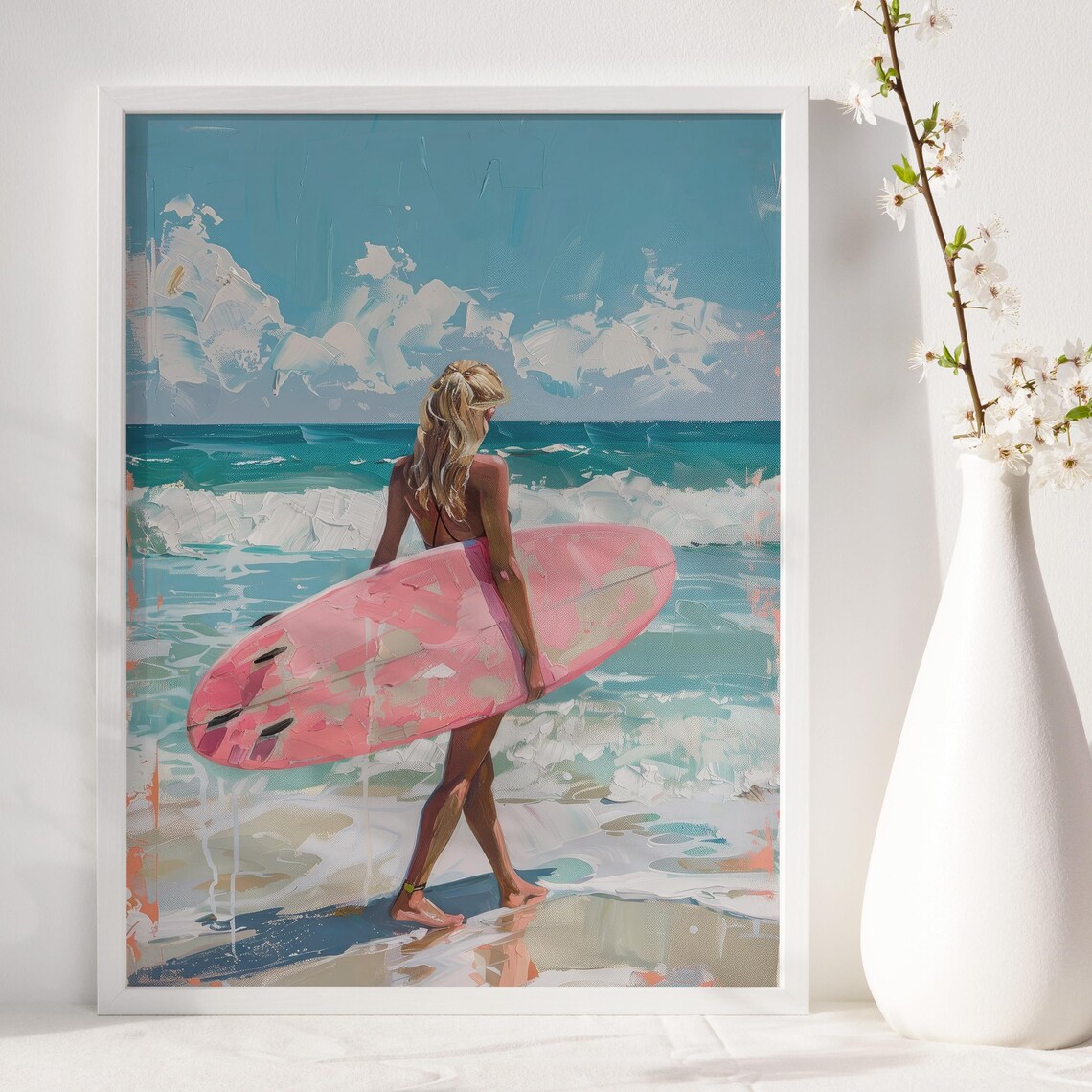 Surfer Girl Preppy Pink Surfboard Poster, Hawaii - Image 4