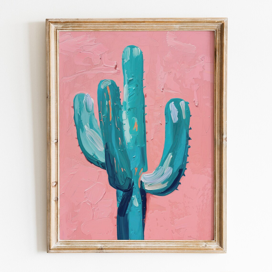 Teal Saguaro Cactus Pink Desert Background Oil Painting Poster