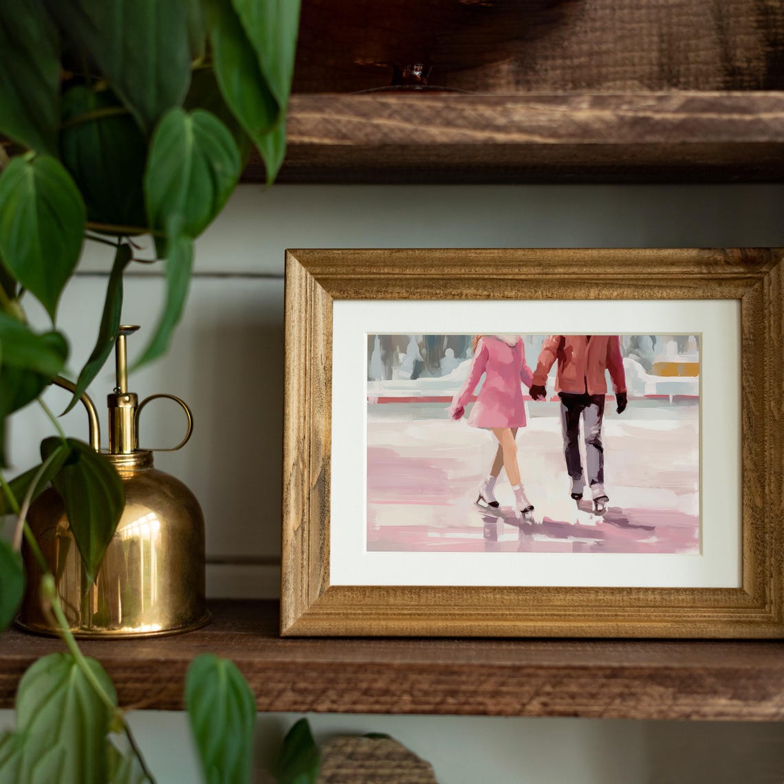 Sweet Pink Couple Ice Skating Holding Hands Winter Wall Art Print - Image 4