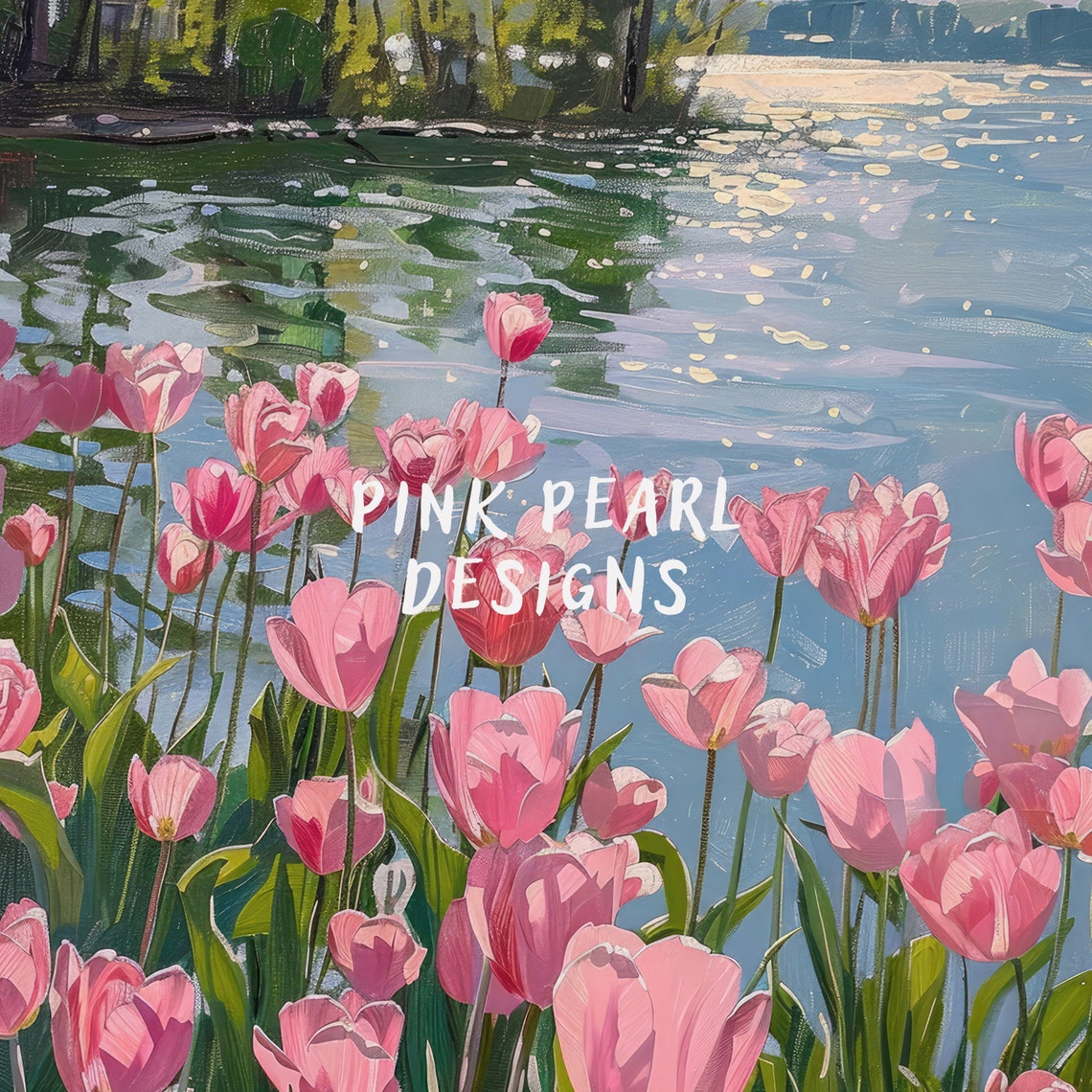 Pink Tulips Spring Lake Sparkling Water Trees Landscape Wall Art - Image 7