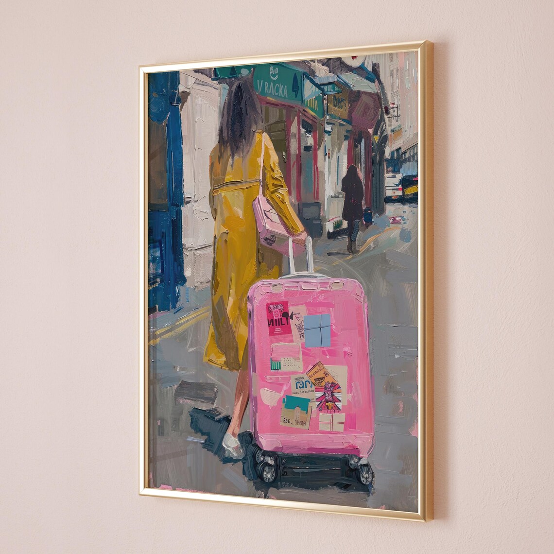 Woman Pink Luggage Travel Stickers City Street Wanderlust Art Poster - Image 4