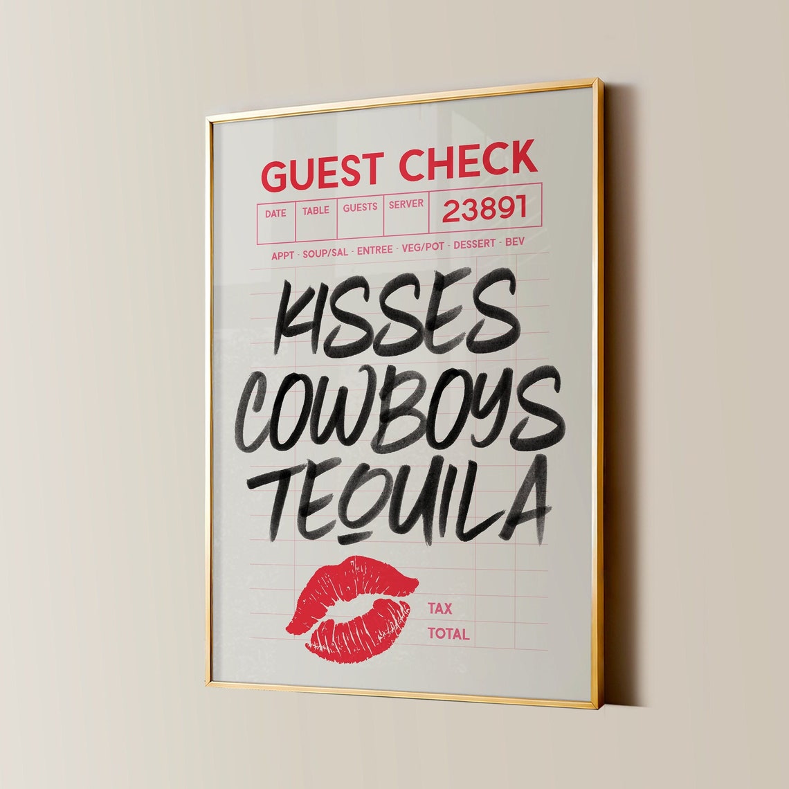 Tequila Guest Check Print Retro Cowgirl Poster Kisses Aesthetic Apartment Decor Vintage Western Living Room Decor Red Bedroom Wall Art