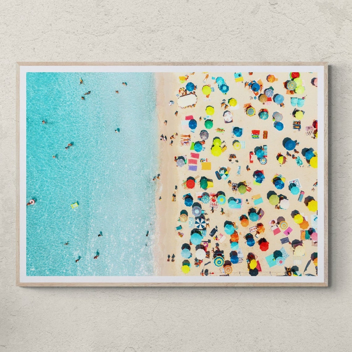 Aerial Beach Day Colorful Umbrellas Turquoise Ocean Photo Poster
