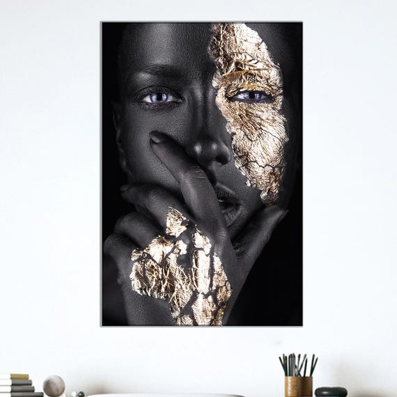 Black And Gold Woman Portrait Afrocentric Glam Canvas Wall Art