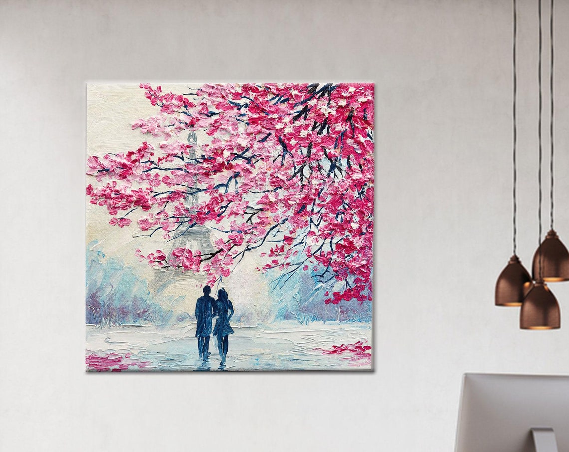 Eiffel Tower Couple Under Pink Blossom Tree Romantic Paris Poster