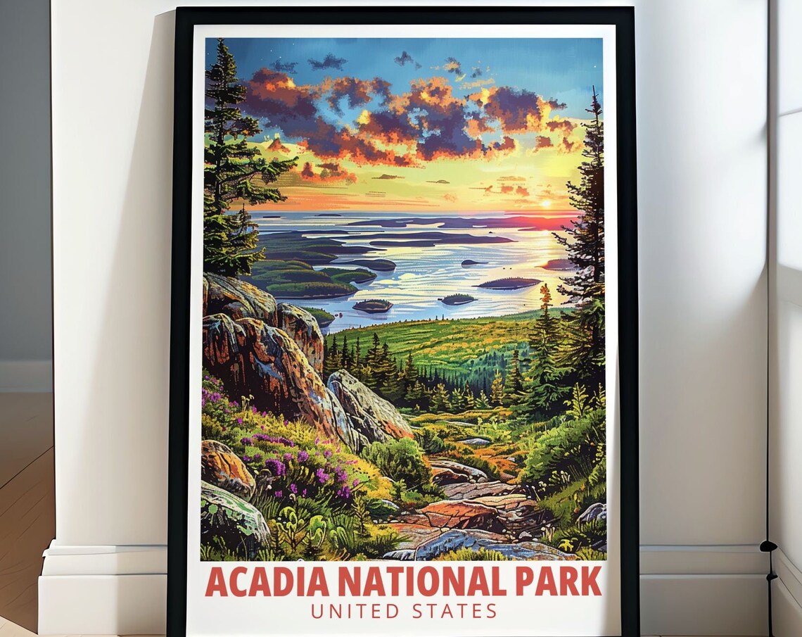 Acadia Cadillac Mountain Sunset Islands Ocean Travel Art Poster