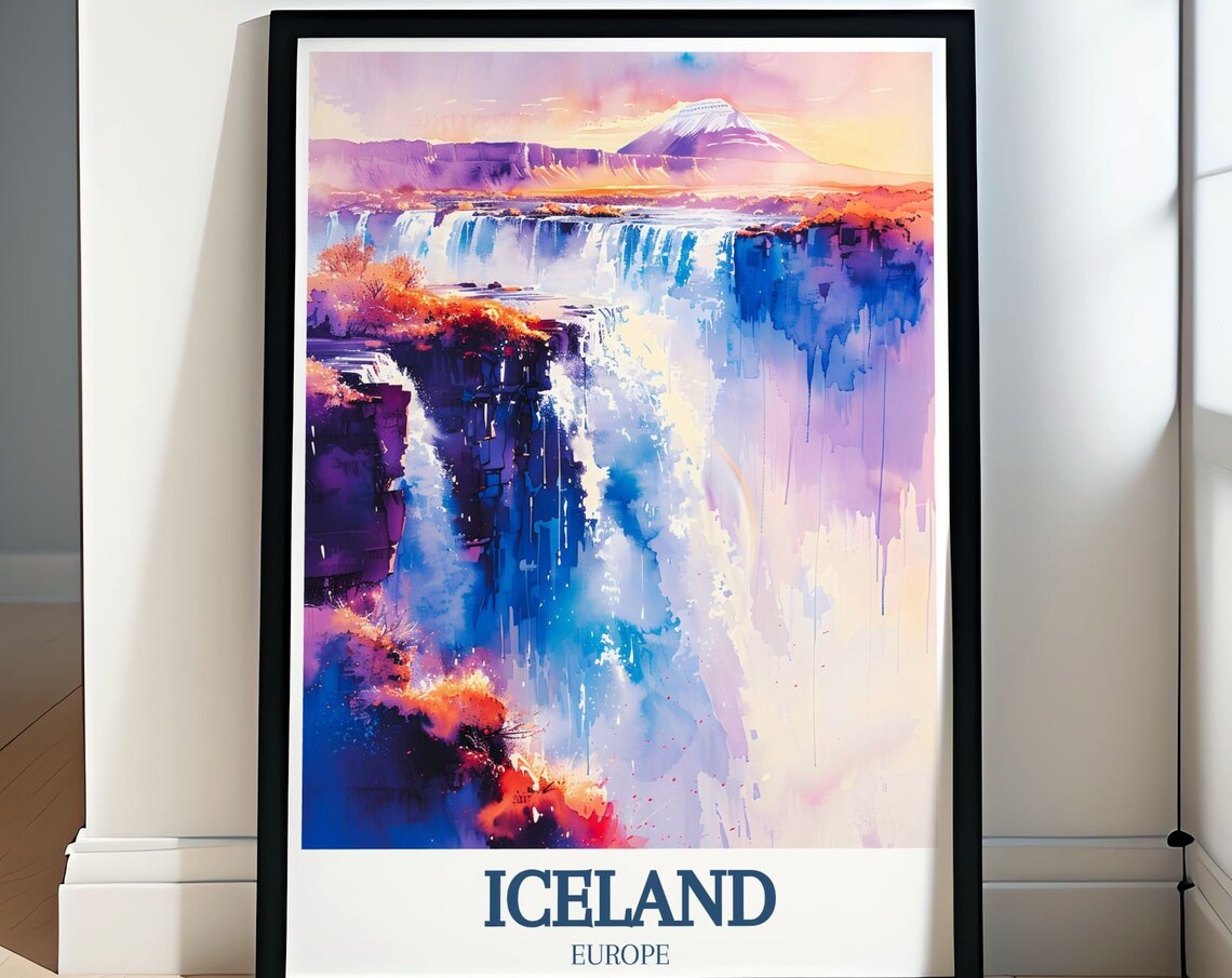 Iceland Skogafoss Waterfall Volcano Purple Dusk Watercolor Poster