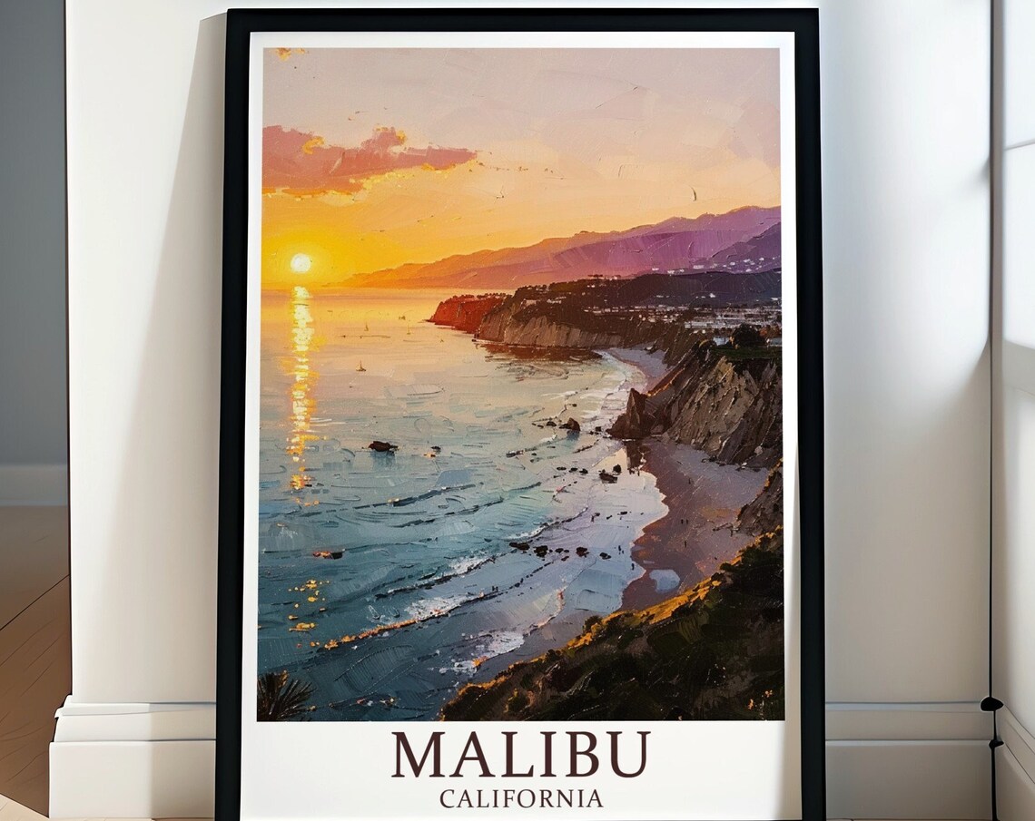 Malibu California Sunset Over Pacific Cliffs Beach Art Classic Poster