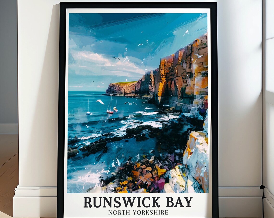Runswick Bay North Yorkshire Rugged Cliffs Boats Gulls Travel Poster