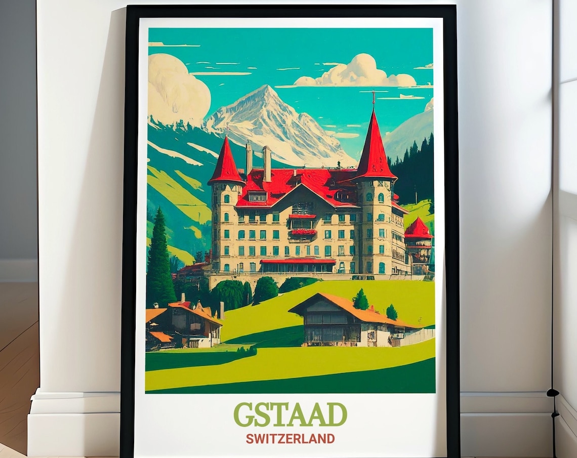 Gstaad Palace Travel Poster, Swiss Landmark Art