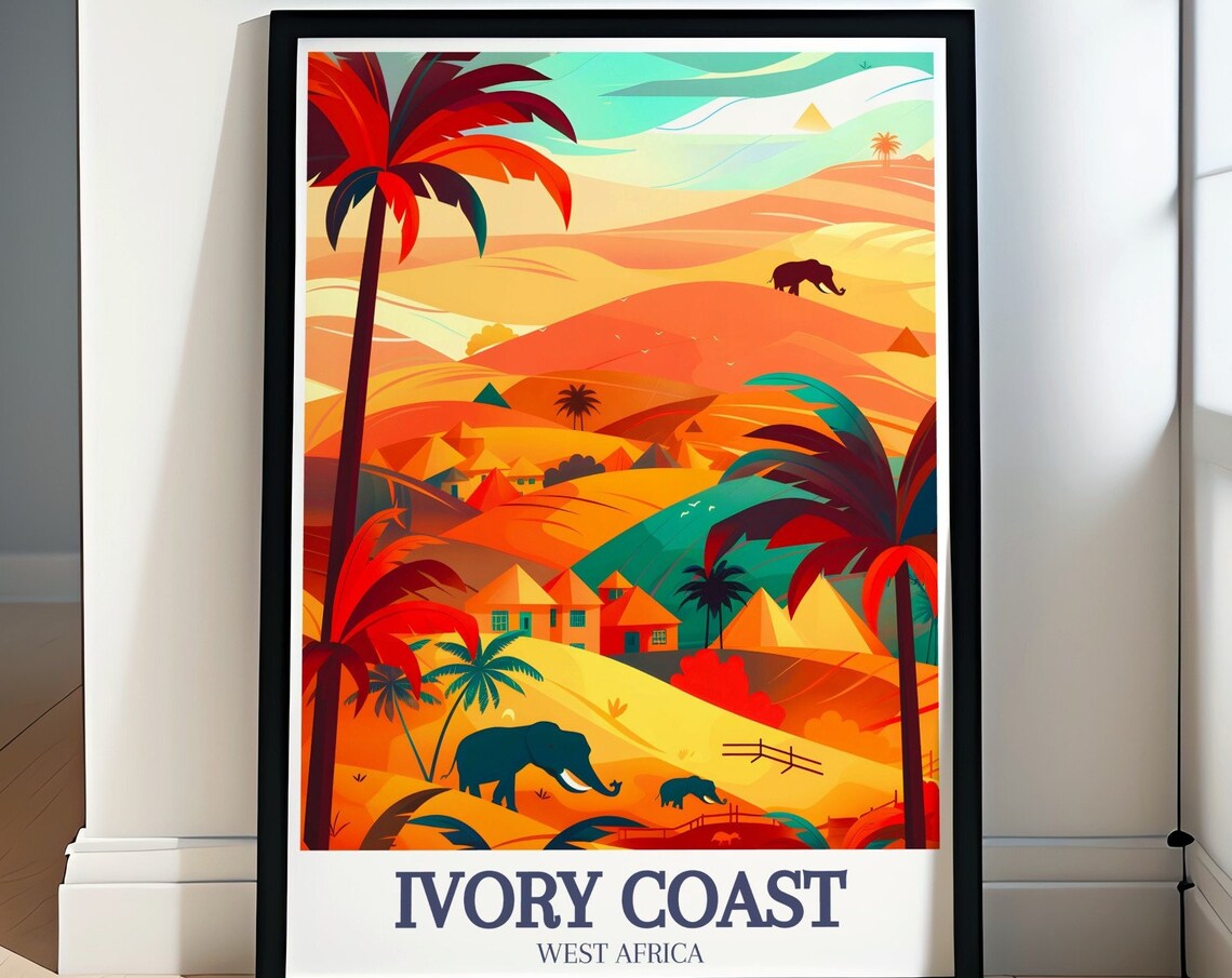 Ivory Coast West Africa Savanna Elephants Palm Sunset Art Poster